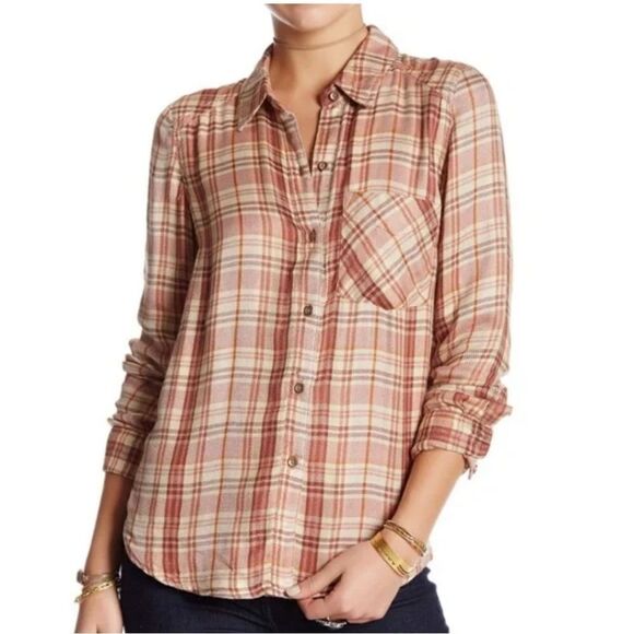 Free people medium top button down flannel plaid fall winter soft cozy - Picture 1 of 6